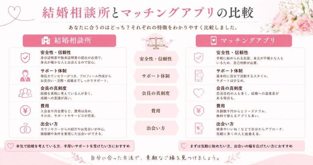 結婚相談所とマッチングアプリの違いを徹底比較【どちらが向いている？】