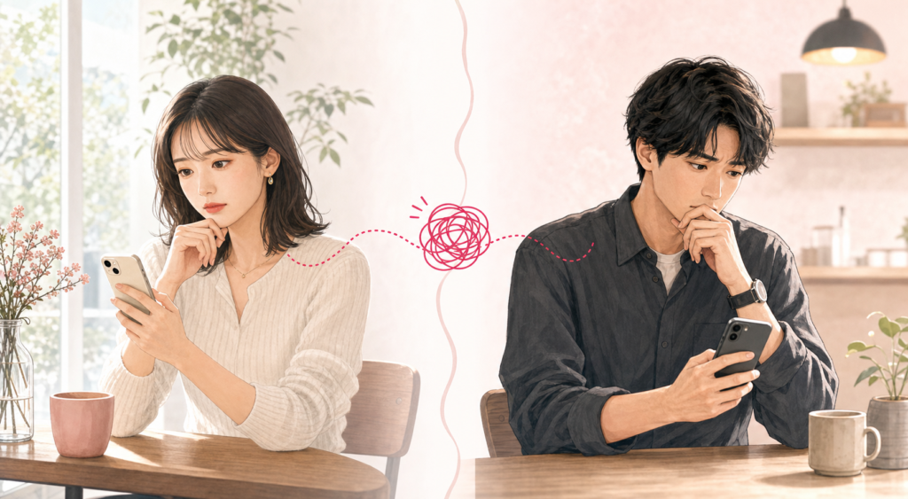 好意があっても連絡しない男性|連絡を待つ女性と、送信をためらう男性のイメージ